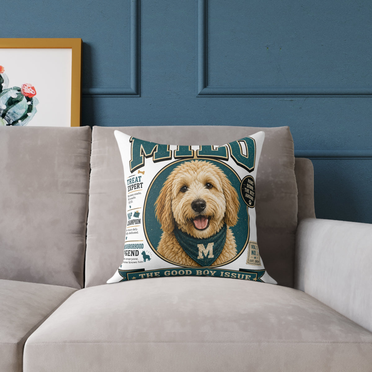 Personalized Dog Portrait Pillow — Milo Bailey Dog Dad Mom  'Milo' Vintage Pet Photo Square Throw Pillow