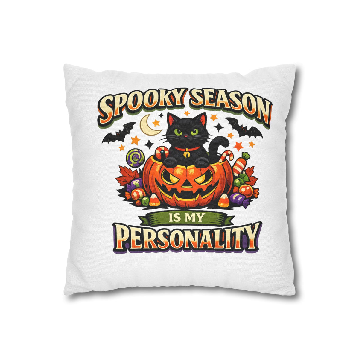 Halloween Pillowcase — "Spooky Season Is My Personality" Black Cat Pumpkin Decorative Pillow