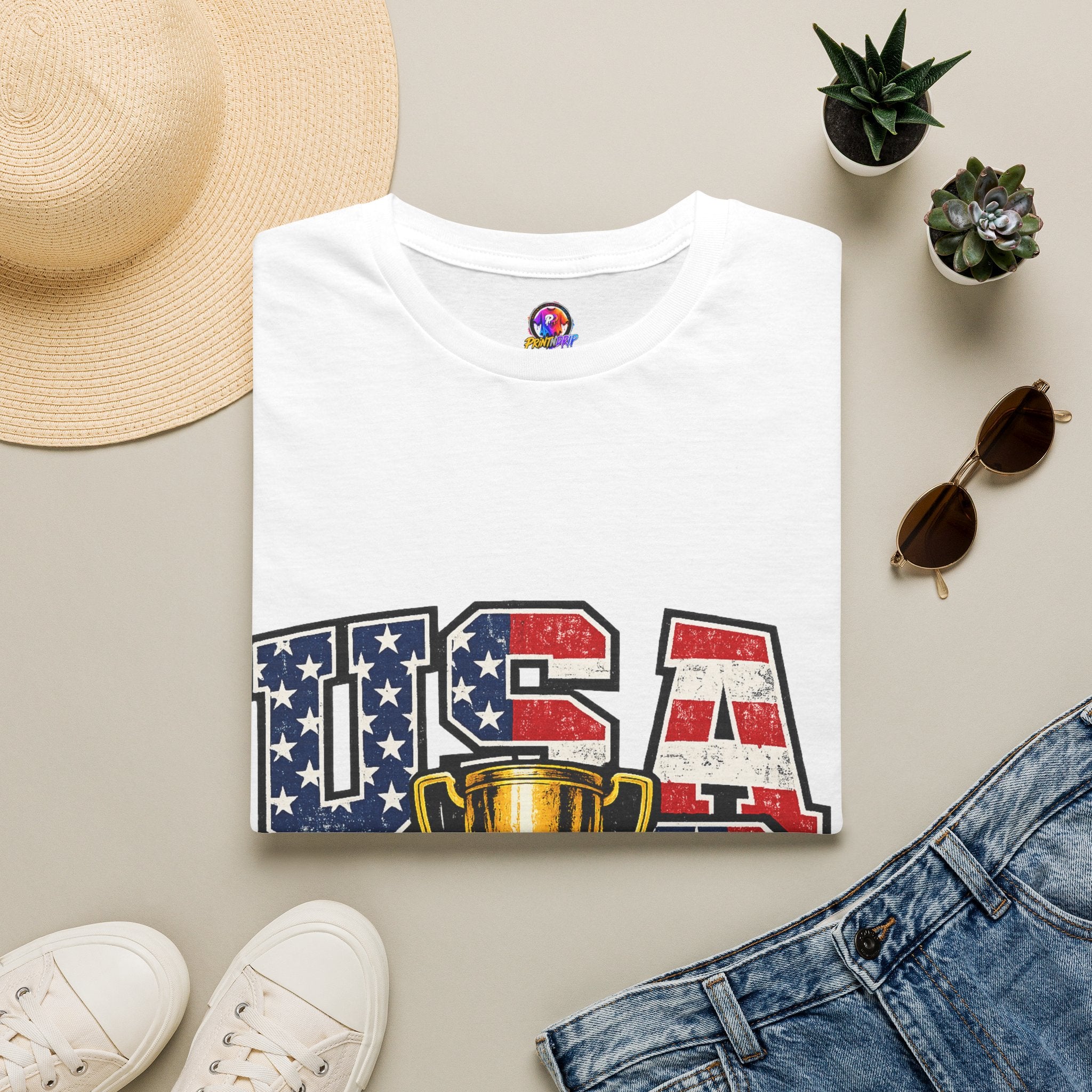 USA Trophy T-Shirt — Patriotic American Flag Graphic Tee