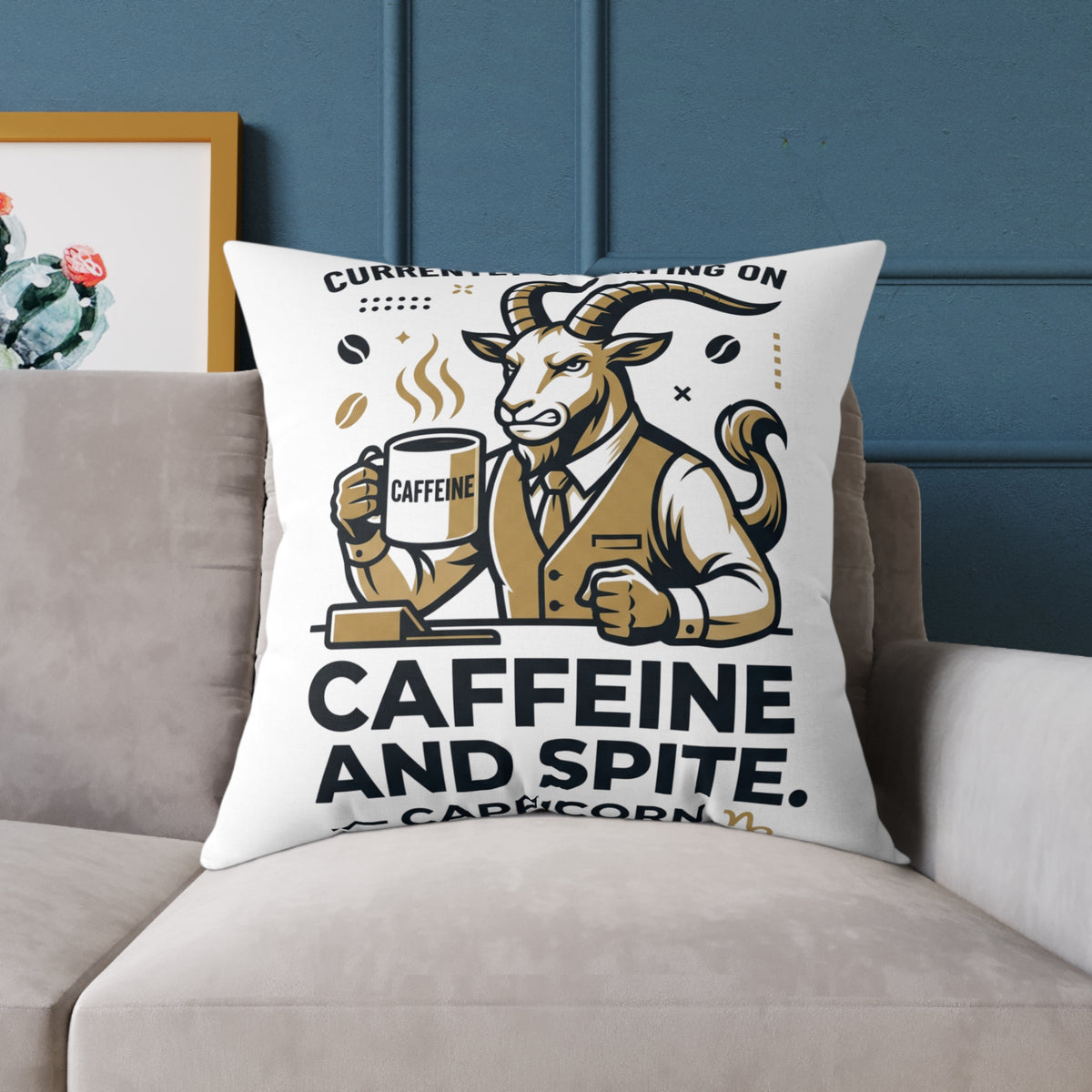 Capricorn Caffeine and Spite Goat Pillow — Funny Coffee Lover Square Throw Pillow