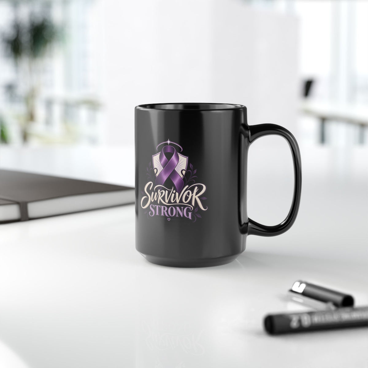 Survivor Strong Purple Ribbon Mug —Domestic Violence  Awareness Black Coffee Cup (11oz, 15oz)