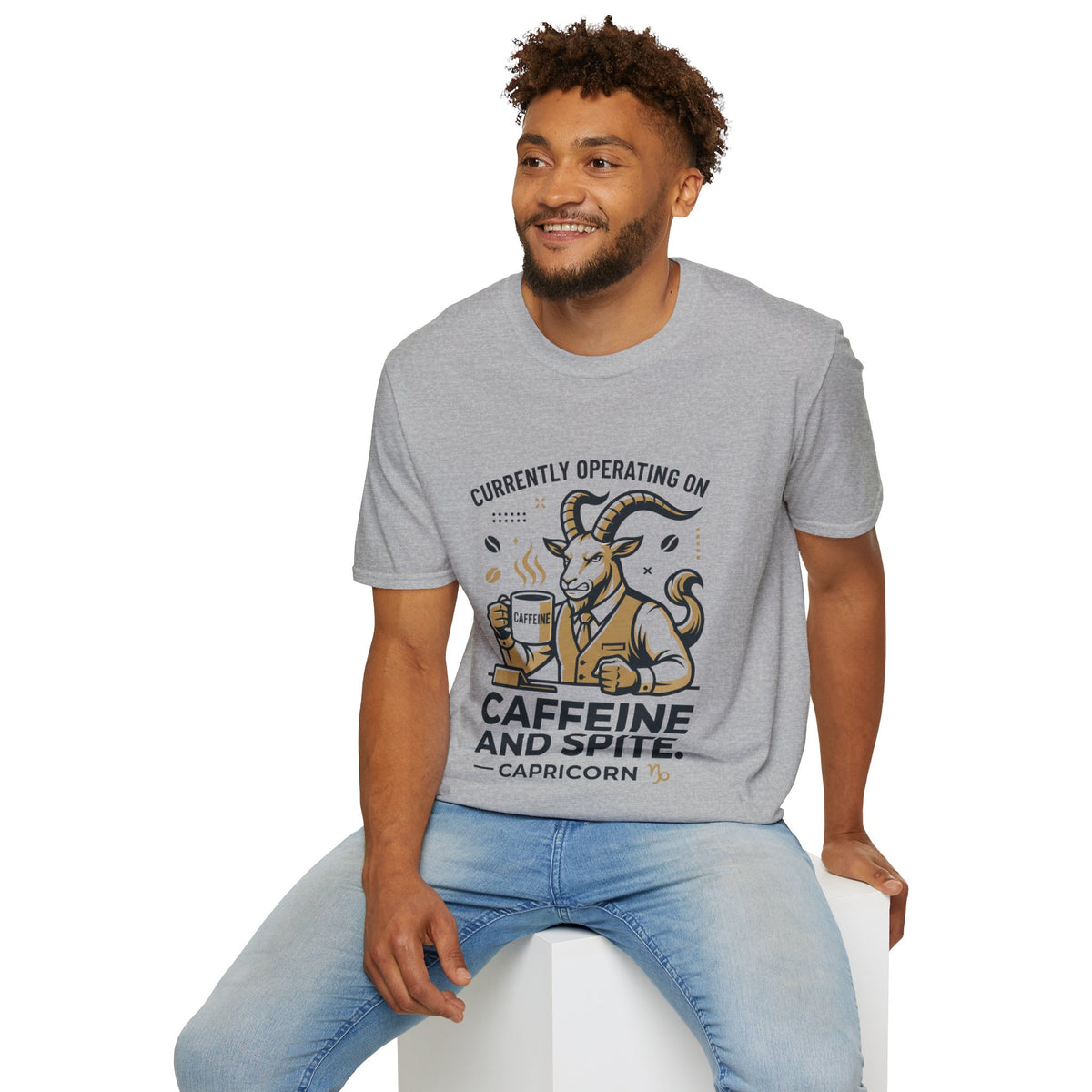 Capricorn T-Shirt — "Currently Operating on Caffeine and Spite" Zodiac Goat Tee