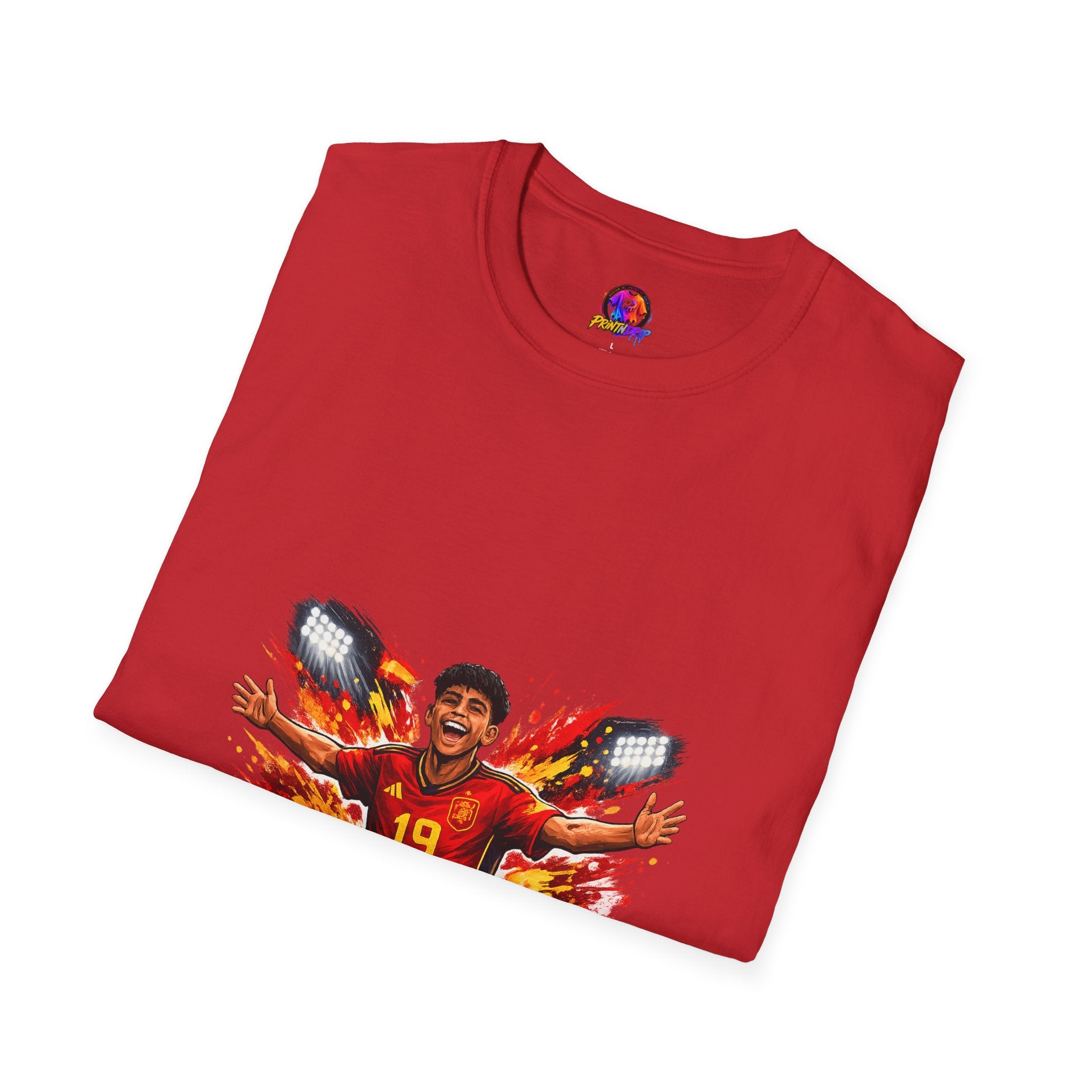 Spain Soccer Fan Portrait T‑Shirt – Fiery Goal Celebration Design