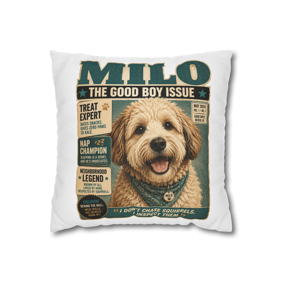 Dog Magazine Cover Pillowcase Milo Bailey Dog Dad Mom– "Milo: The Good Boy Issue" Decorative Throw Pillow