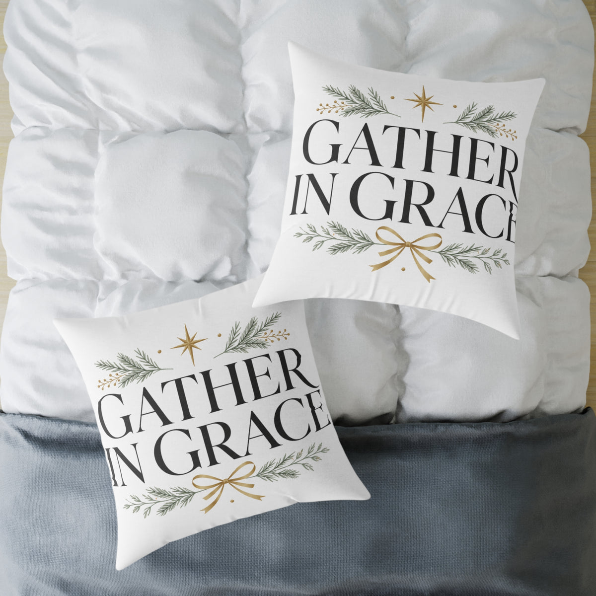Christmas Gather in Grace Holiday Pillow - Square Poly Canvas Throw Pillow