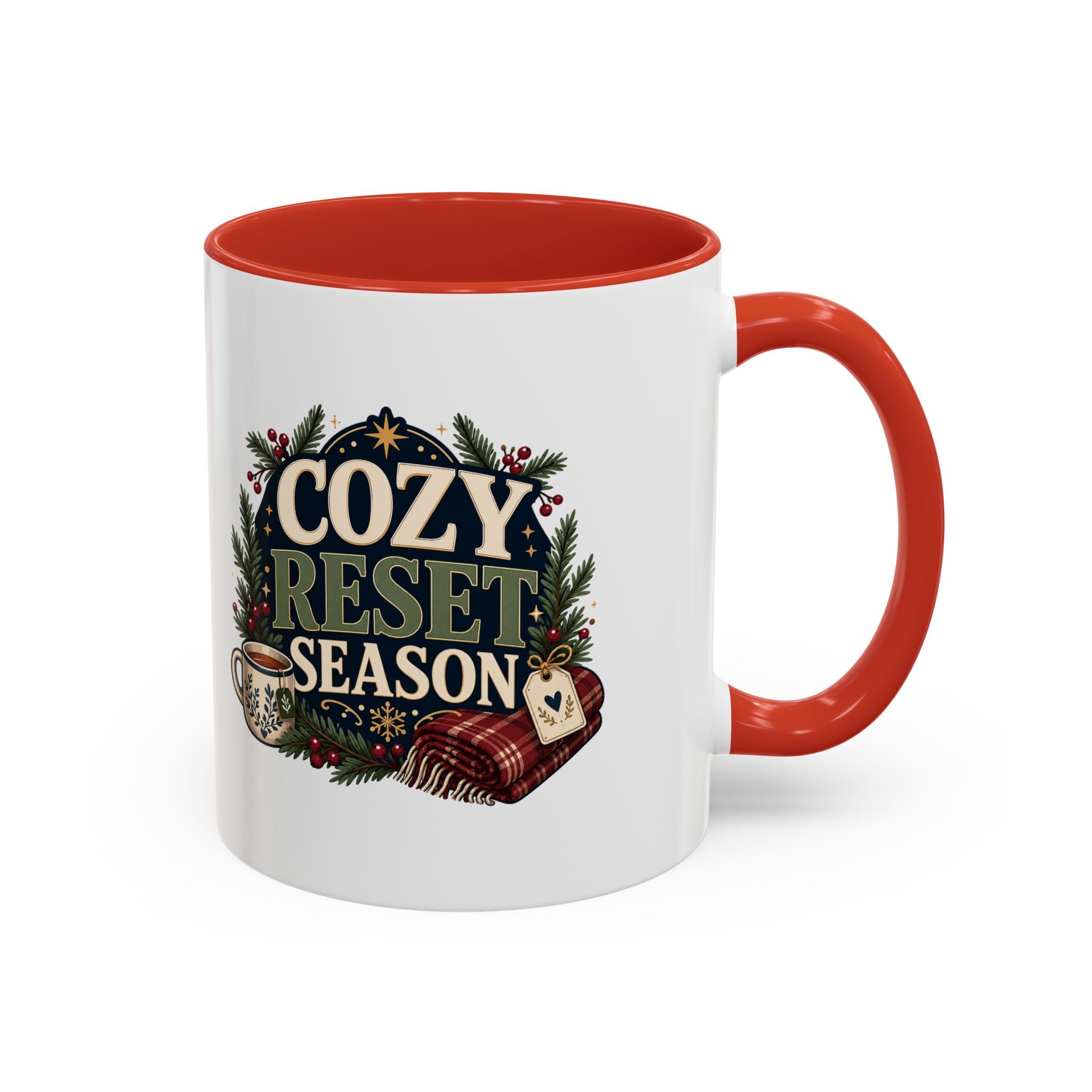 Modern Day Christmas Cozy Reset Season Mug — Holiday Coffee Cup with Blanket & Tea Tag Design