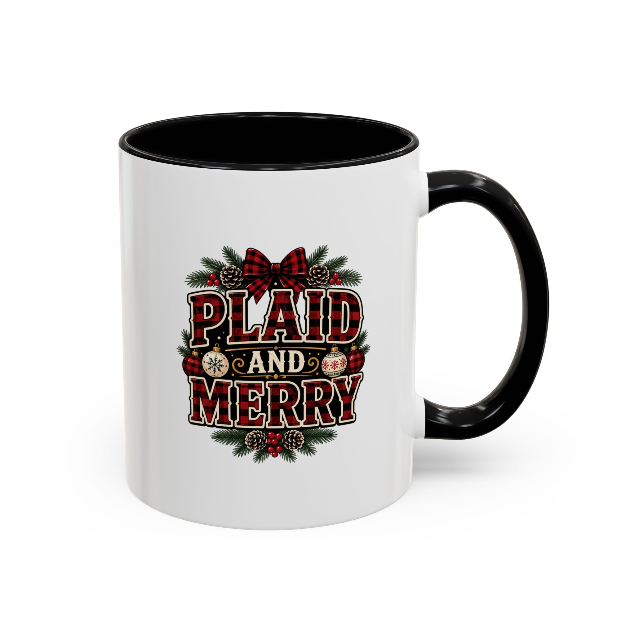 Plaid and Merry Accent Coffee Mug — Festive Buffalo Check Christmas Mug