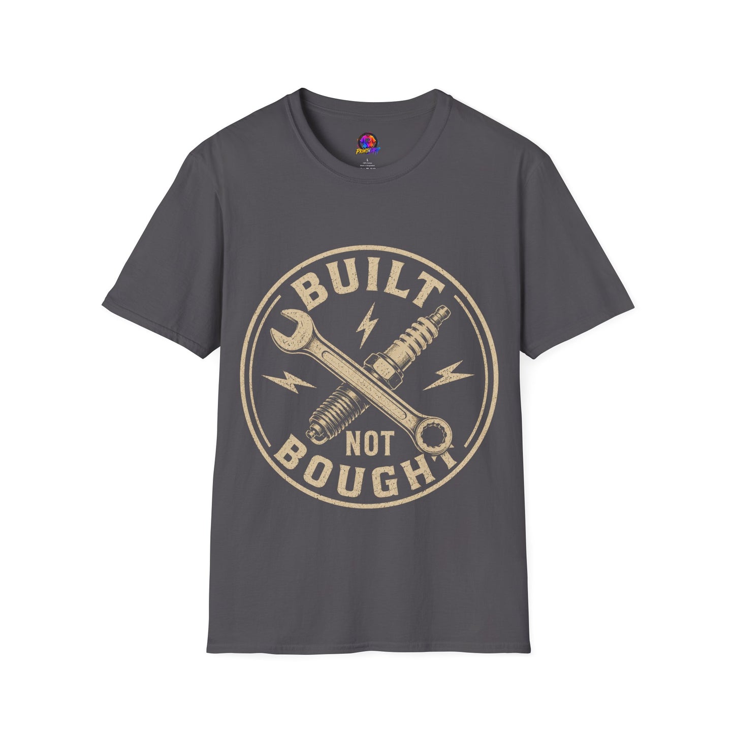 Built Not Bought T-Shirt — Vintage Mechanic Wrench & Spark Plug Design
