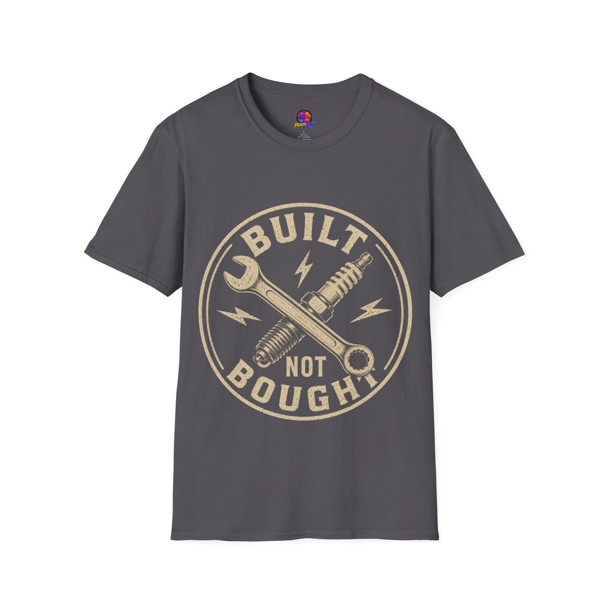 Built Not Bought T-Shirt — Vintage Mechanic Wrench & Spark Plug Design