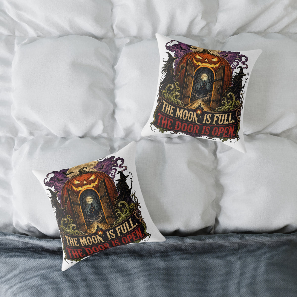 Halloween Pumpkin Door Pillow — "The Moon Is Full, The Door Is Open" Decorative Throw Pillow