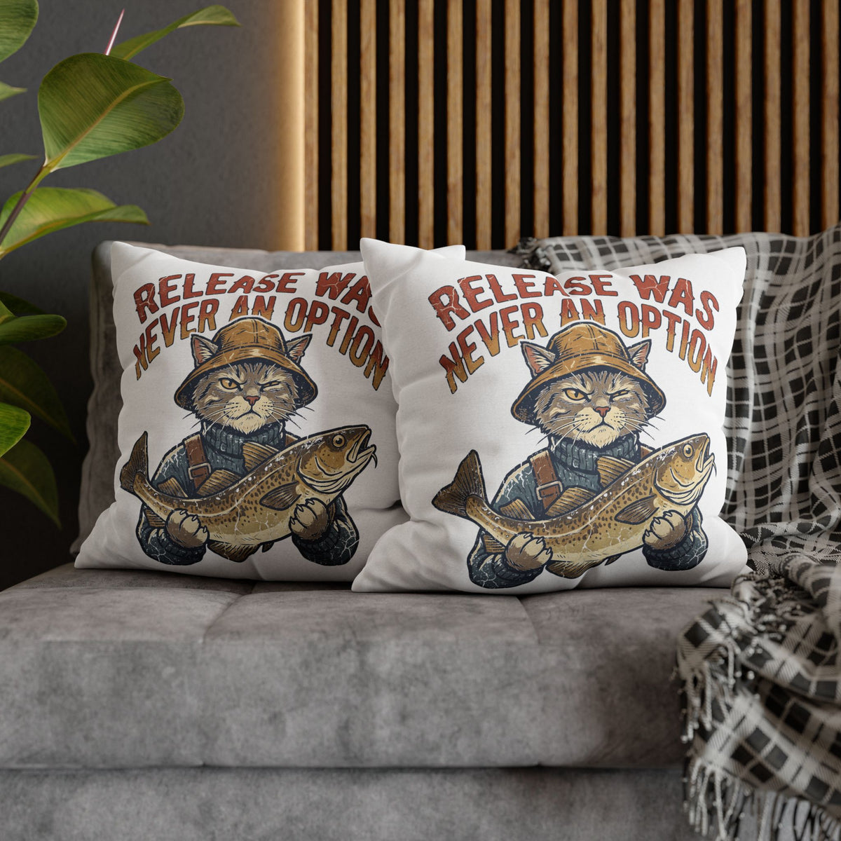 Funny Cat Angler Pillowcase - "Release Was Never An Option" Fishing Throw Pillow