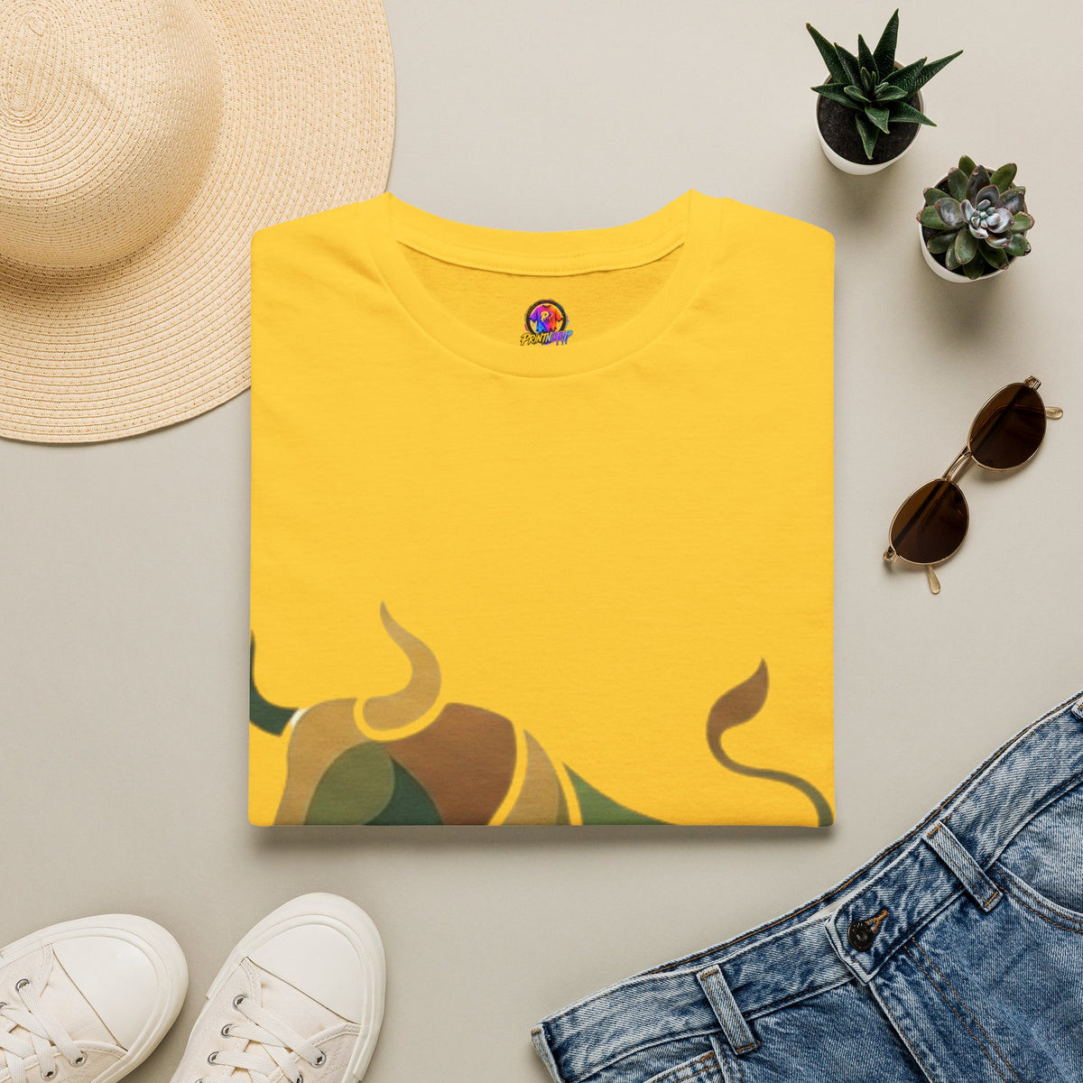 Bull Graphic T-Shirt — Earth Tone Geometric Taurus Design