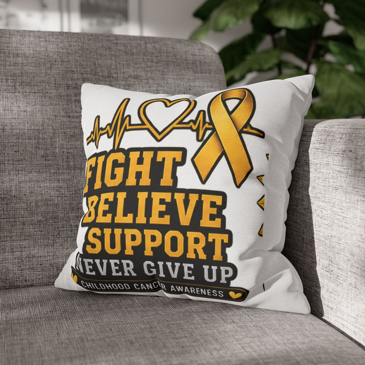 Childhood Cancer Awareness Pillow — "Fight Believe Support Never Give Up" Gold Ribbon Decorative Throw Pillow