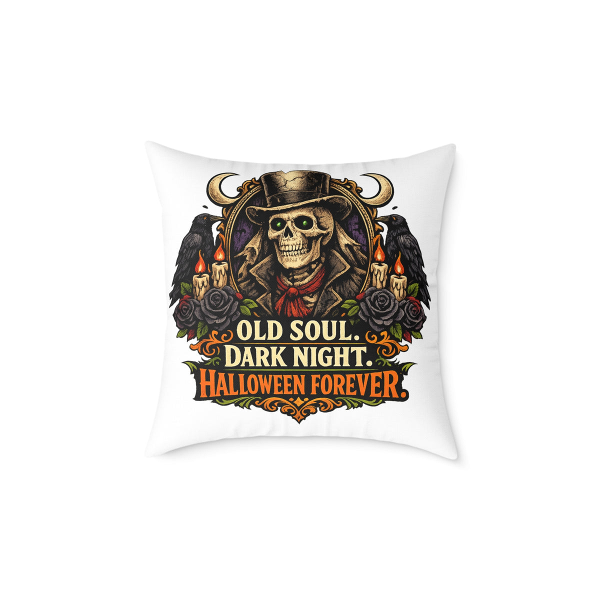 Halloween Skeleton Pillow - "Old Soul, Dark Night. Halloween Forever" Square Decorative Cushion