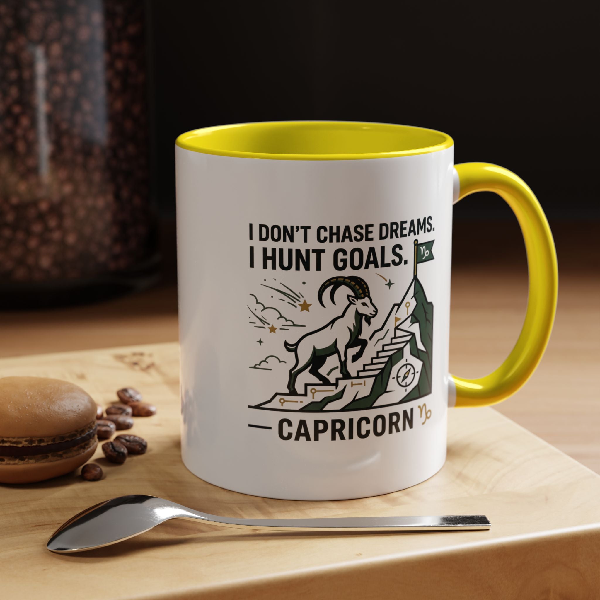 Capricorn Coffee Mug — “I Don't Chase Dreams, I Hunt Goals” Zodiac Accent Mug