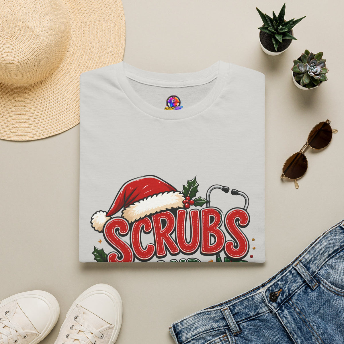 Scrubs and Santa Christmas Tee — Funny Nurse Holiday T-Shirt
