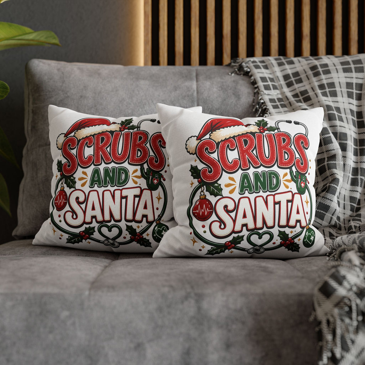 Christmas Scrubs and Santa Holiday Pillowcase – Christmas Nurse Decorative Throw Pillow Cover
