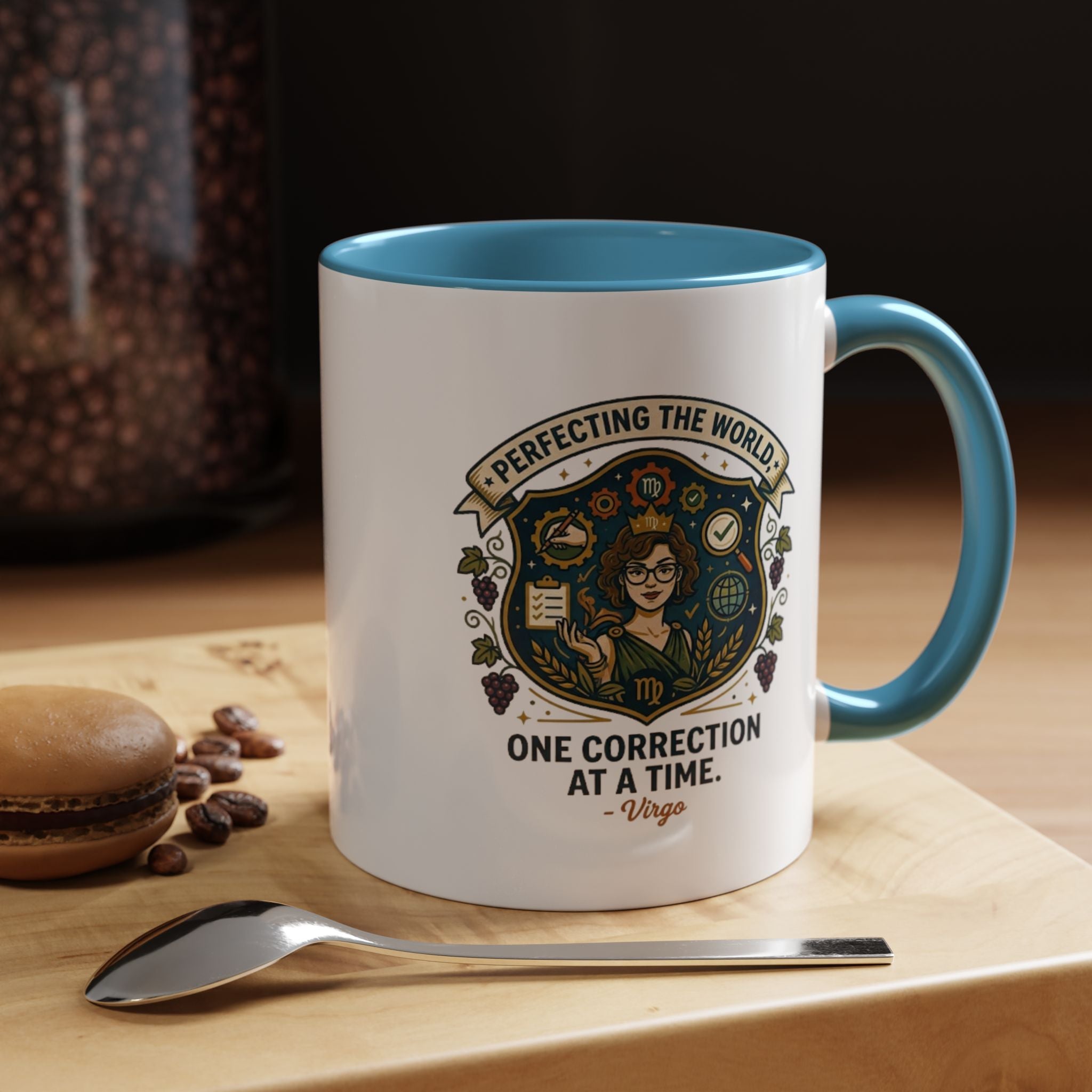 Virgo Coffee Mug — "Perfecting the World: One Correction at a Time" Accent Astrology Gift