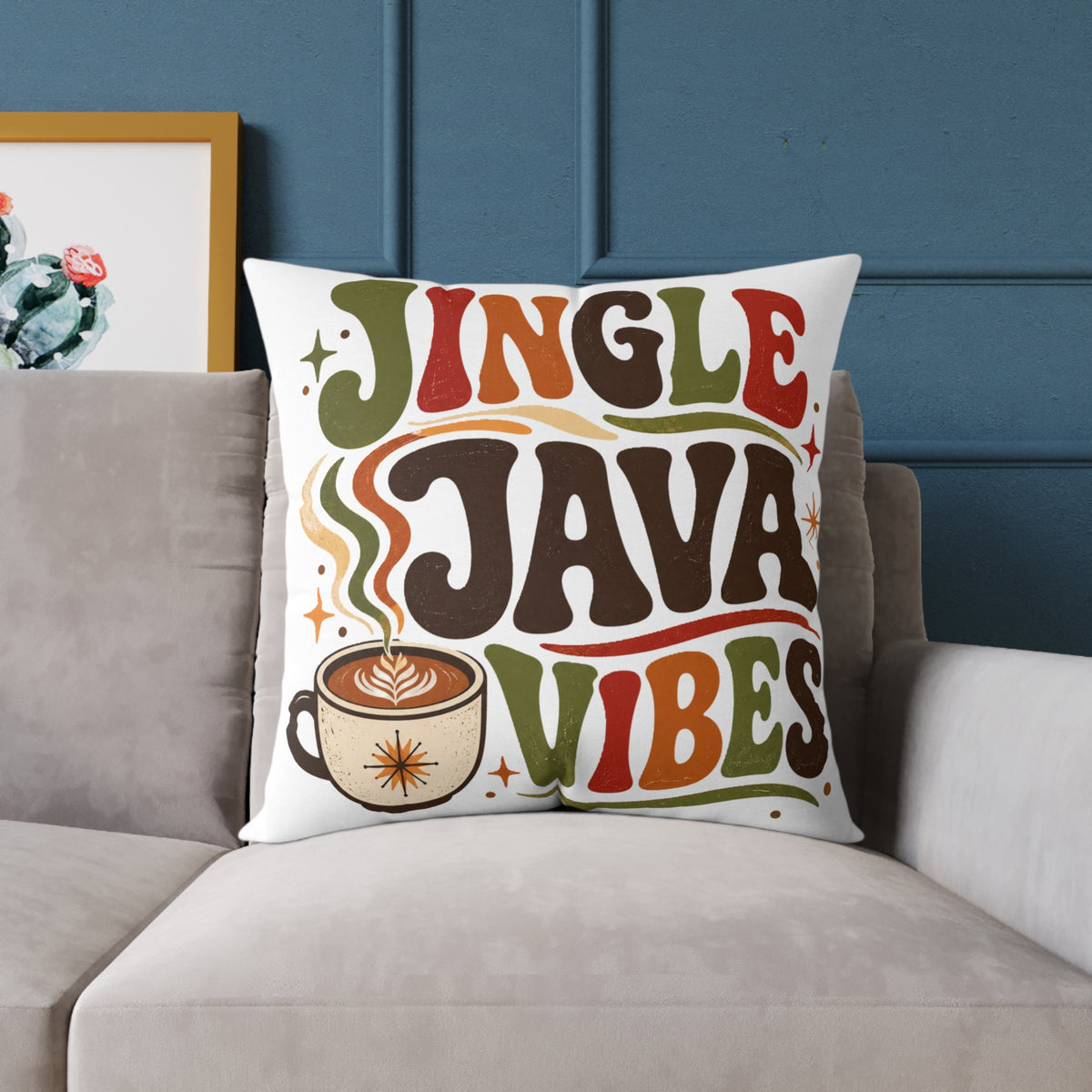 Christmas Square Pillow — "Jingle Java Vibes" Coffee Holiday Decorative Cushion