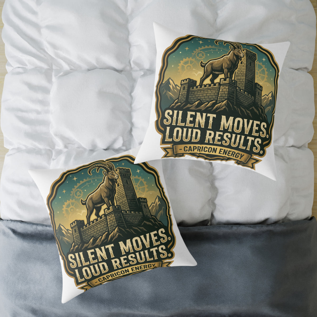 Capricorn Pillow — "Silent Moves, Loud Results" Square Throw Pillow