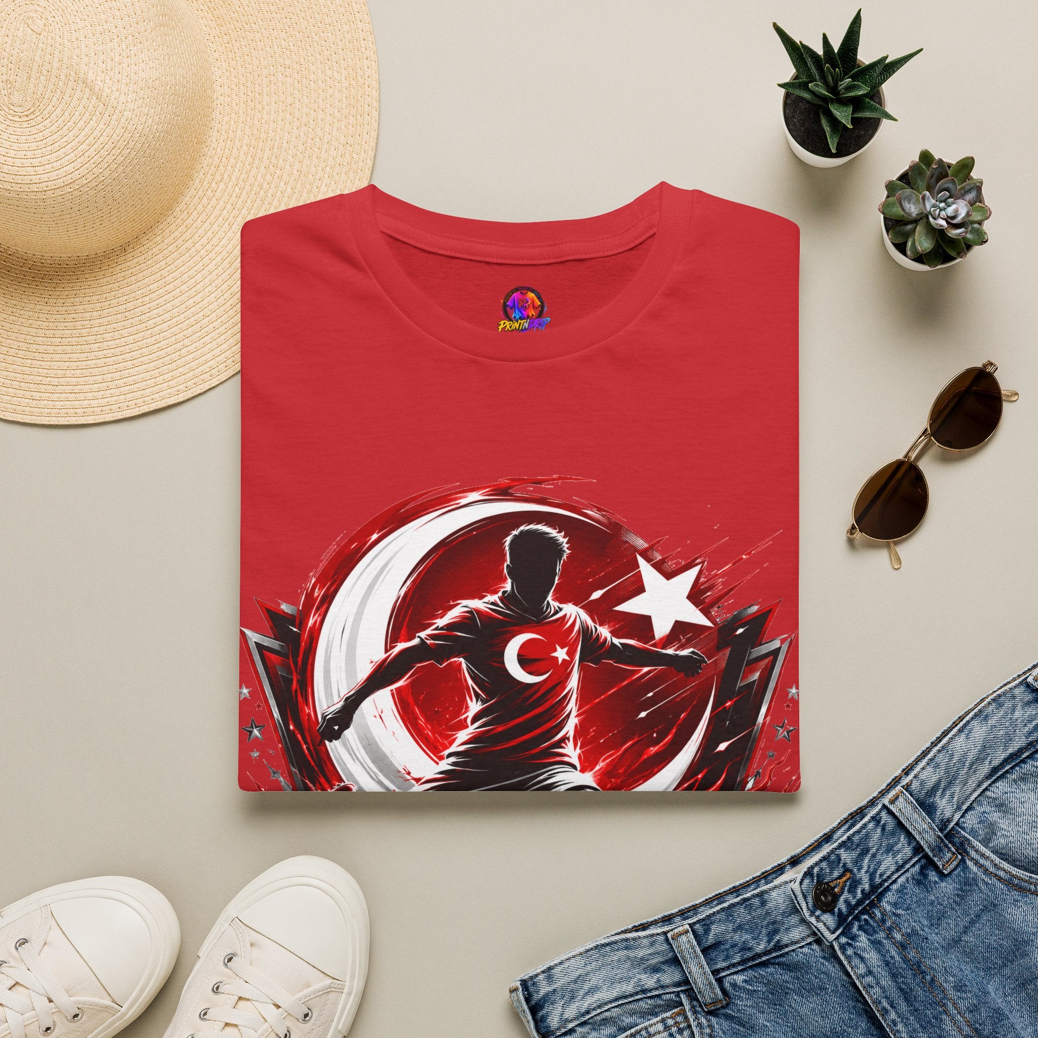 Turkey Crimson Flame Soccer T-Shirt — Turkish Crescent & Star Football Fan Tee
