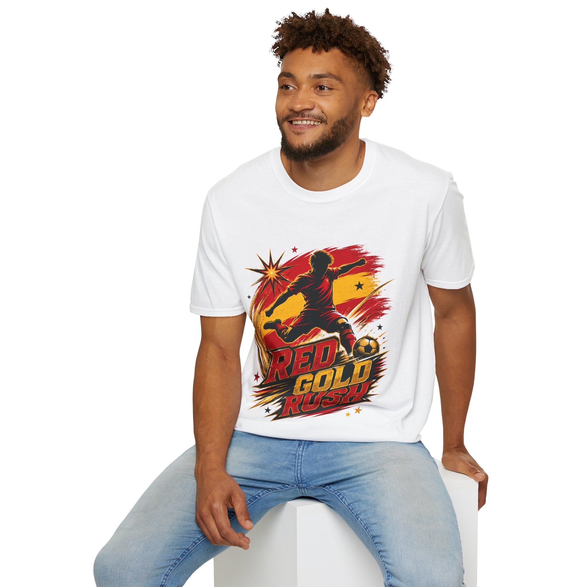 Spain Red & Gold Rush Soccer T-Shirt — Retro Soccer Player Graphic