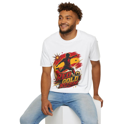 Spain Red & Gold Rush Soccer T-Shirt — Retro Soccer Player Graphic