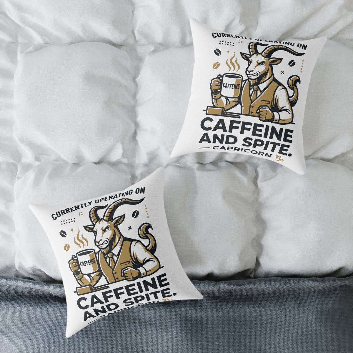 Capricorn Caffeine and Spite Goat Pillow — Funny Coffee Lover Square Throw Pillow