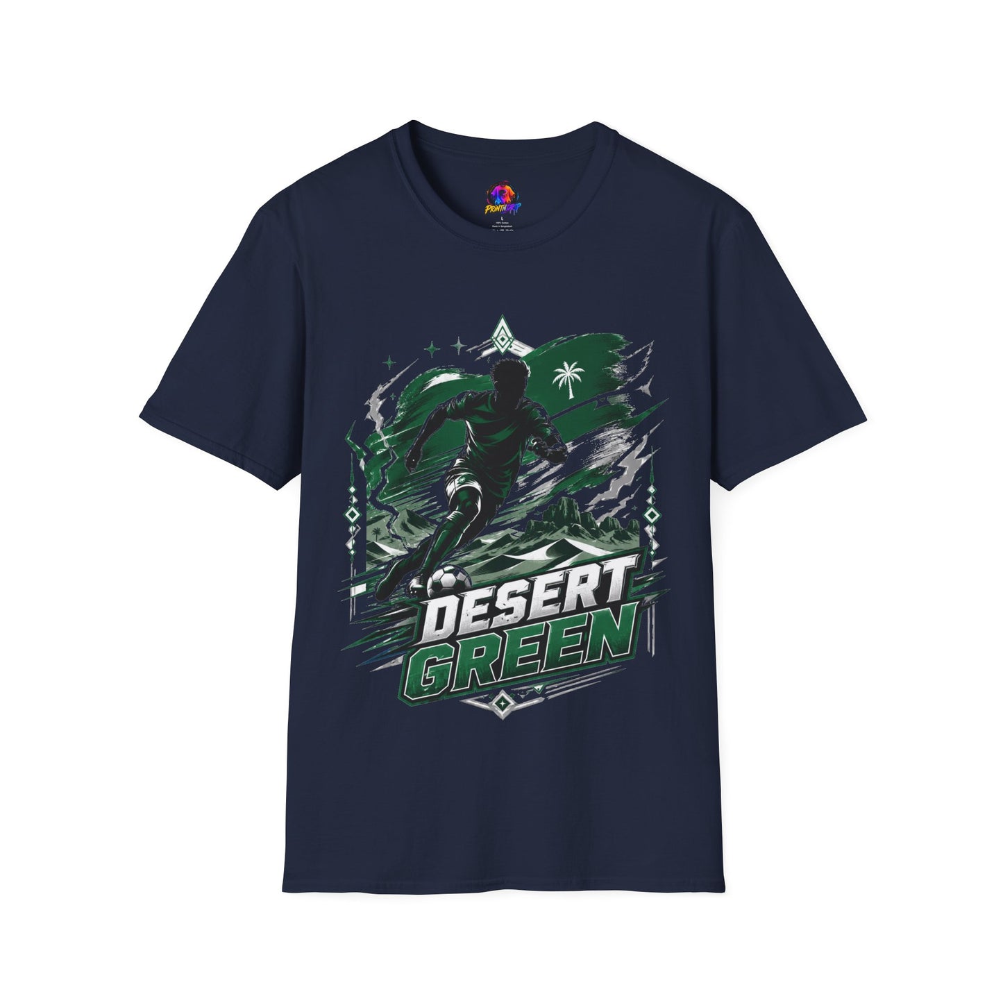 Saudi Arabia Desert Green Soccer T-Shirt — Silhouette Player Graphic
