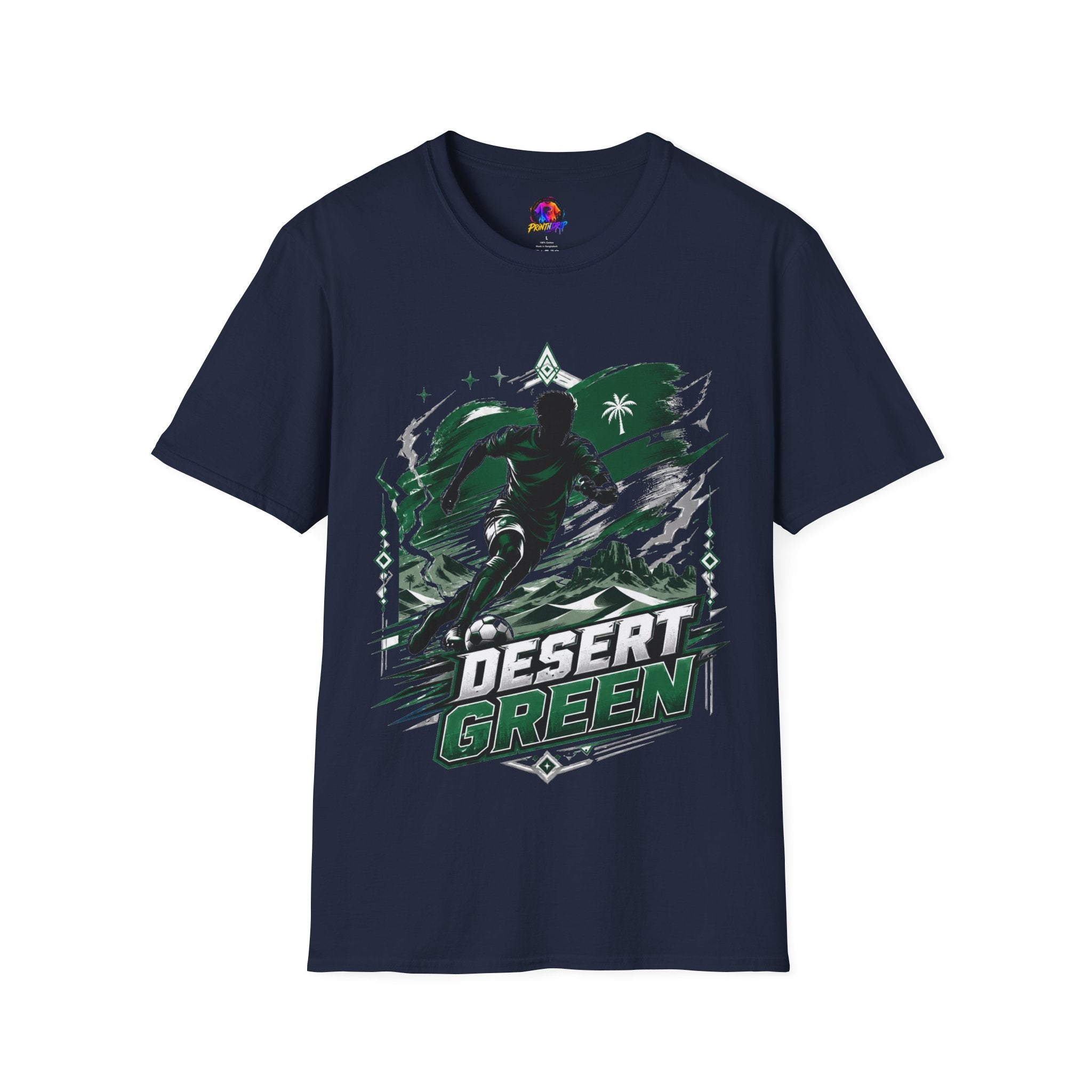 Saudi Arabia Desert Green Soccer T-Shirt — Silhouette Player Graphic