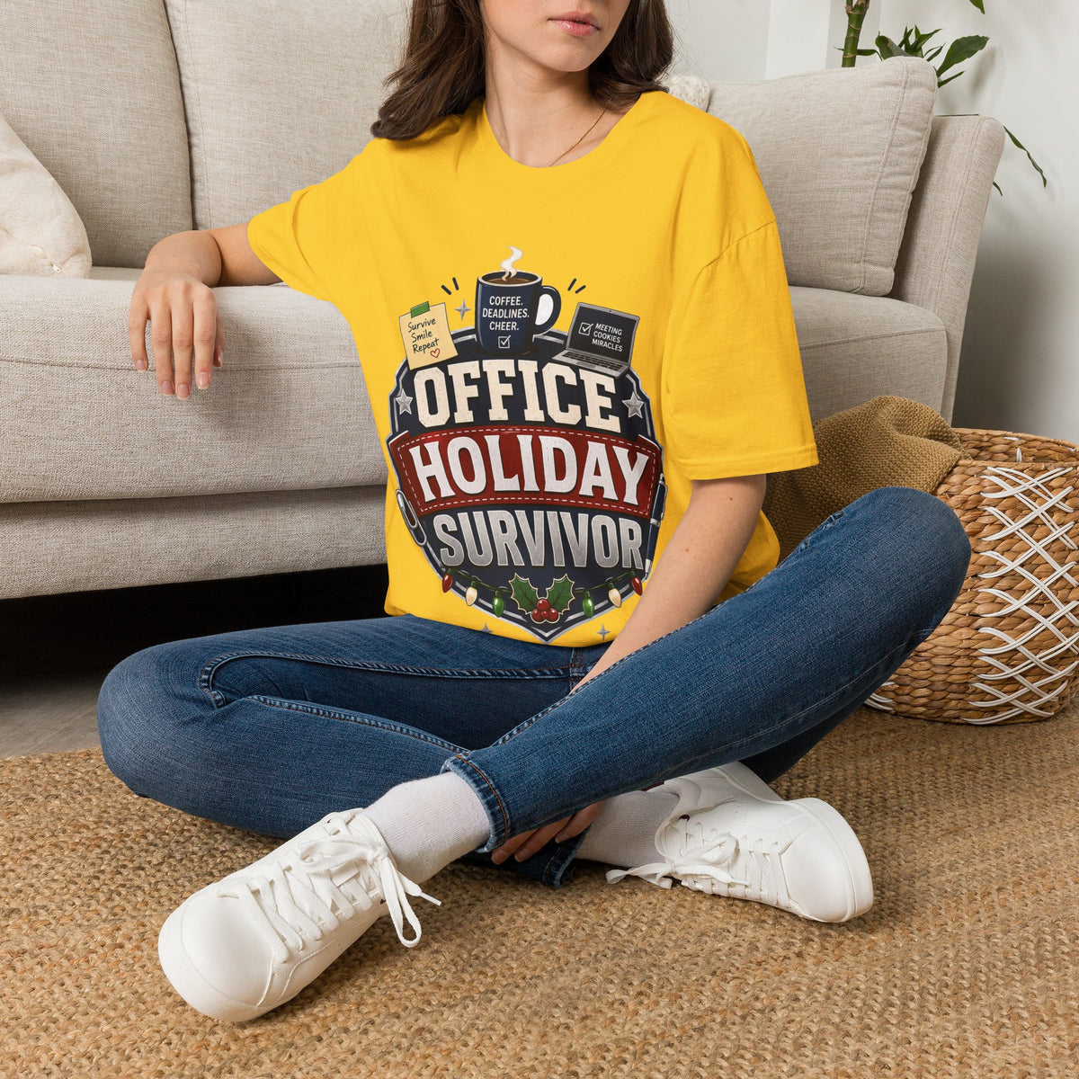 Office Holiday Survivor T-Shirt — Coffee, Deadlines & Cheer Work Shirt