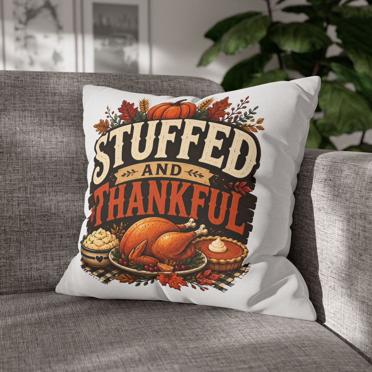 Thanksgiving Decorative Pillowcase – “Stuffed and Thankful” Autumn Throw Pillowcase
