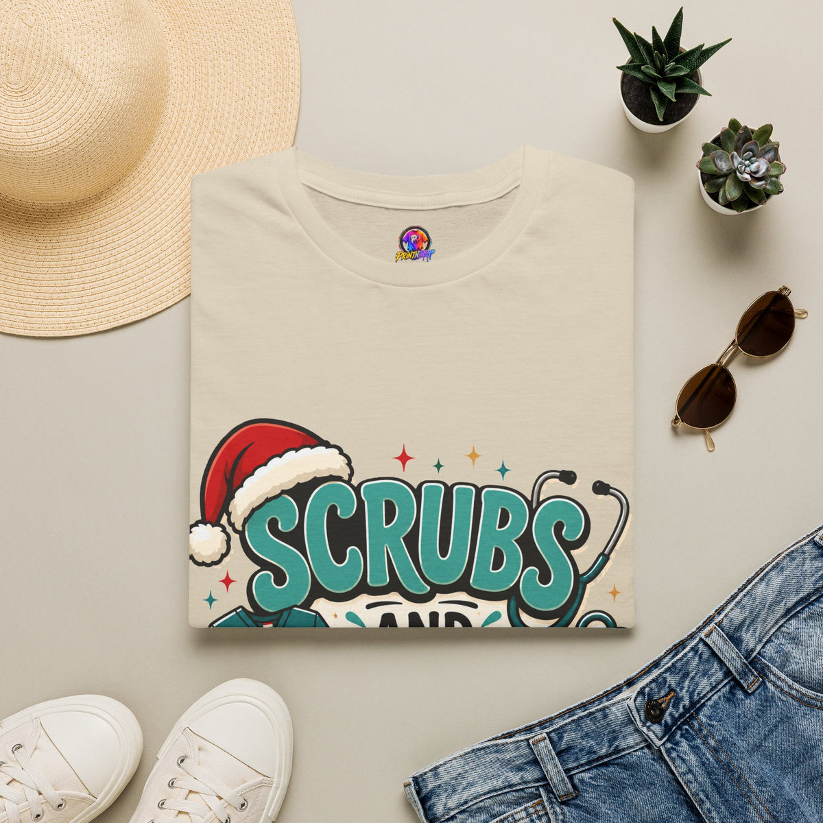Scrubs and Santa Christmas T-Shirt — Cute Holiday Nurse Tee
