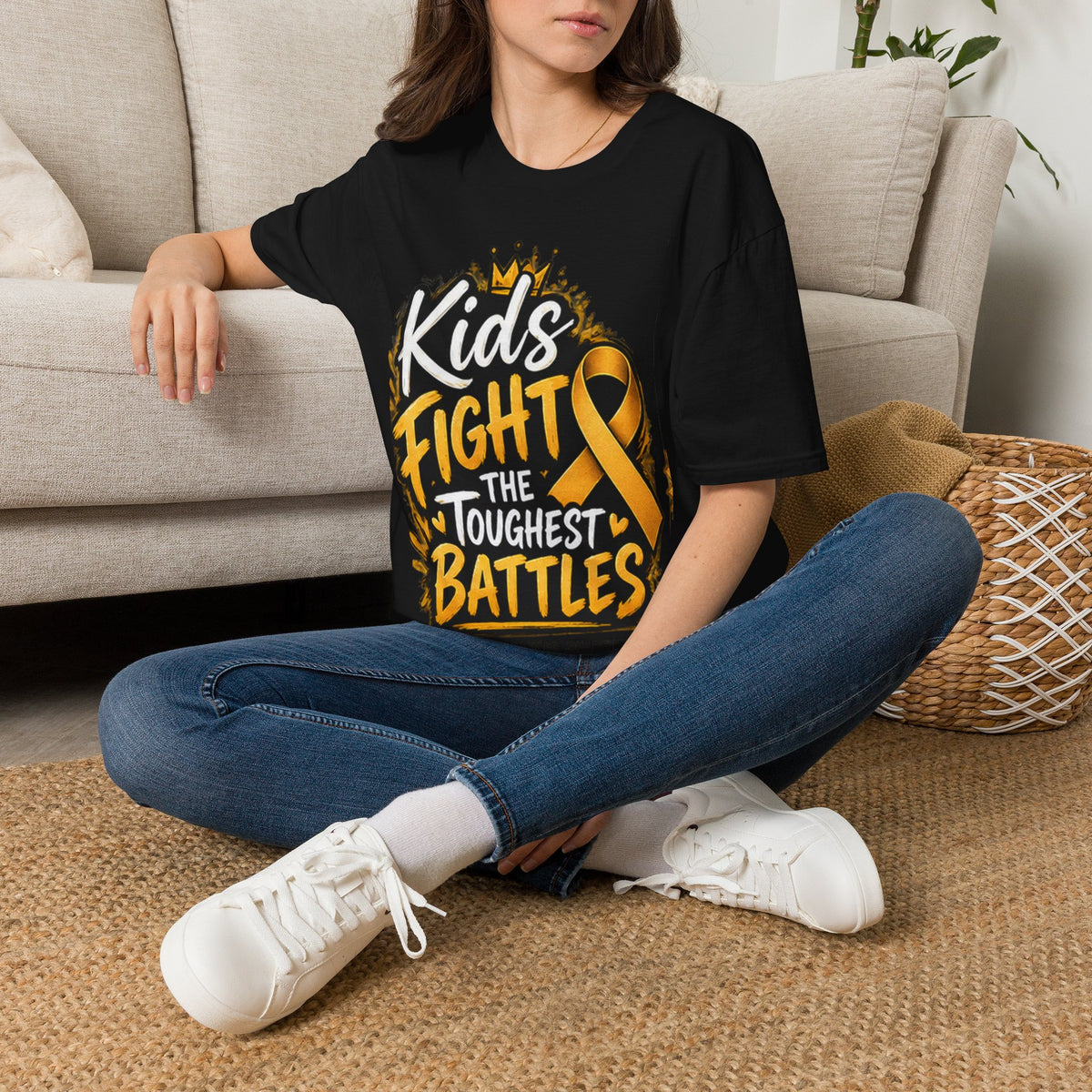 Children's Cancer Awareness T-Shirt — "Kids Fight The Toughest Battles" Gold Ribbon