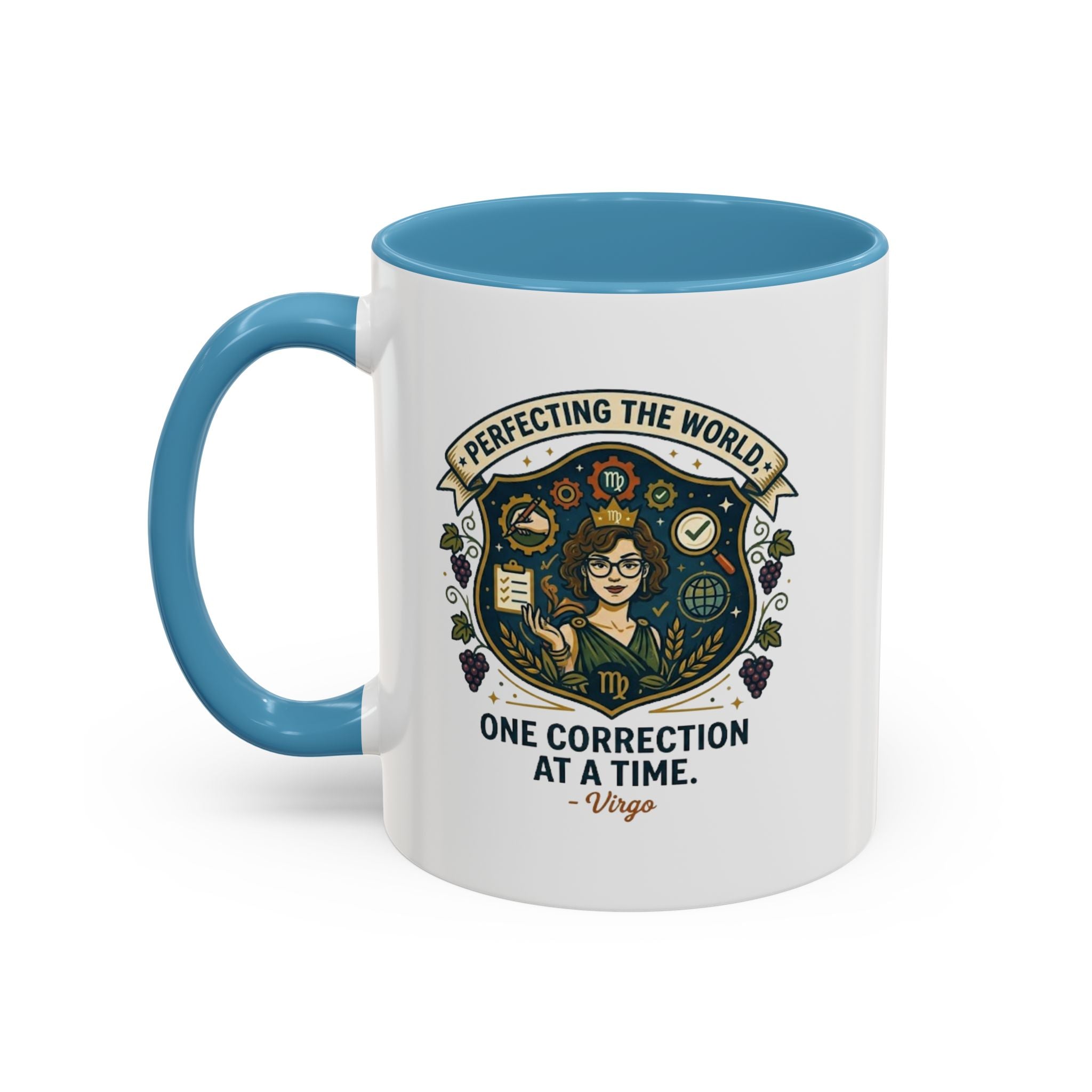 Virgo Coffee Mug — "Perfecting the World: One Correction at a Time" Accent Astrology Gift