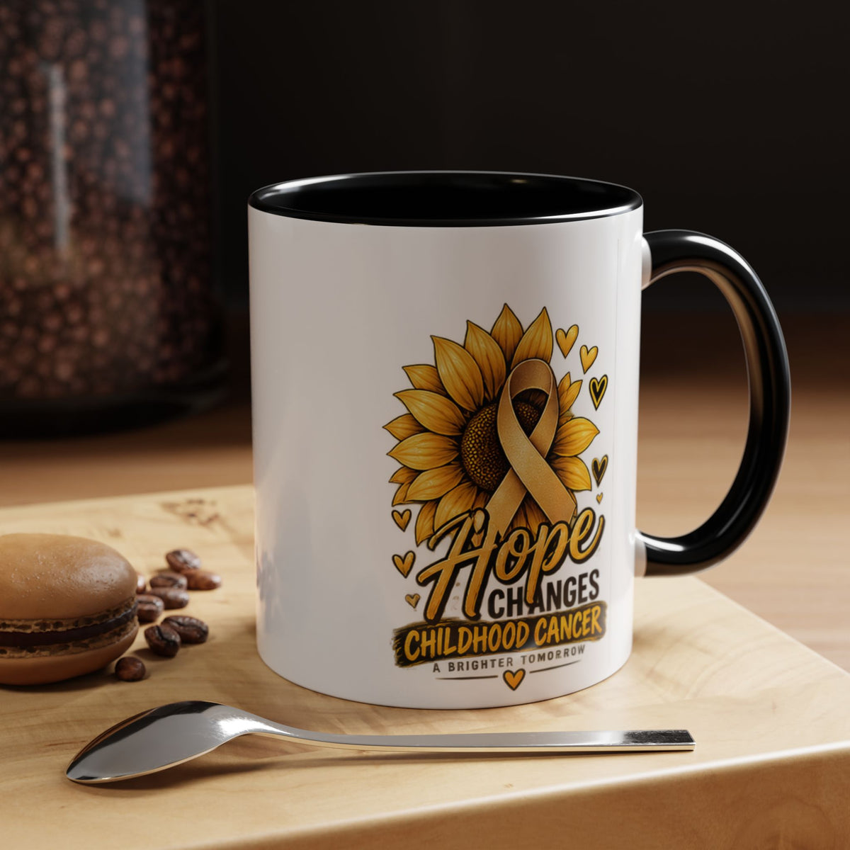 Hope Changes Childhood Cancer Mug – Gold Ribbon Sunflower Accent Coffee Cup (11/15oz)