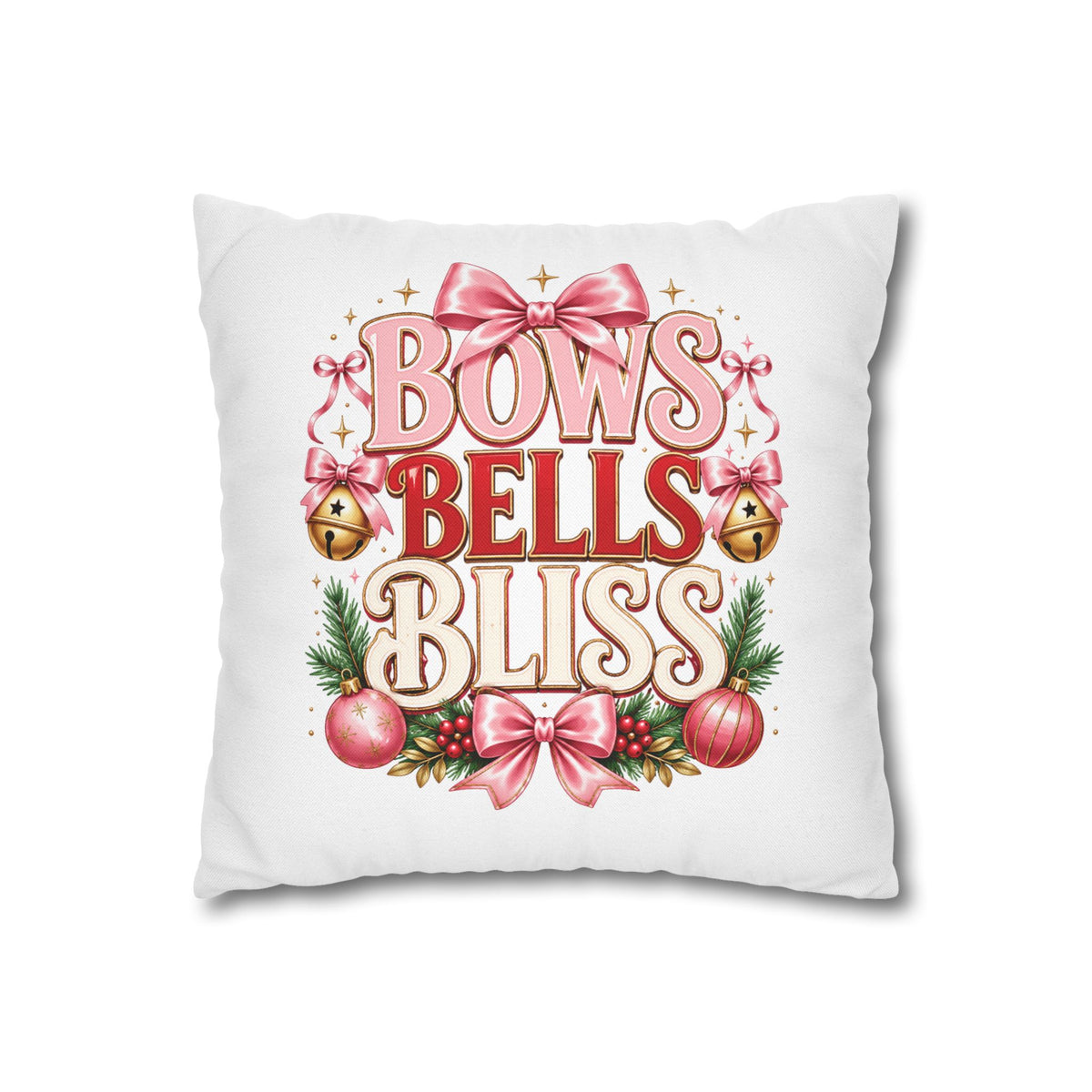 Christmas Bows Bells Bliss Decorative Pillowcase — Pink Christmas Holiday Throw Pillow Cover