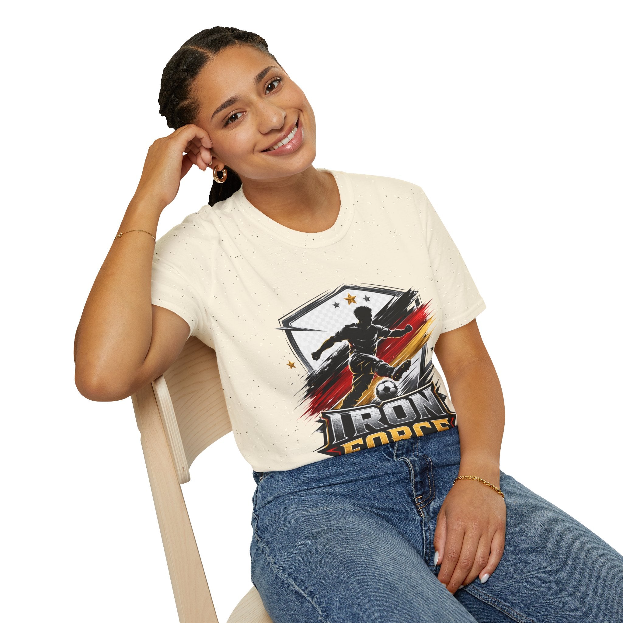 Germany Soccer 'Iron Force' Graphic T-Shirt — Player Silhouette with Red & Gold Brushstroke Emblem