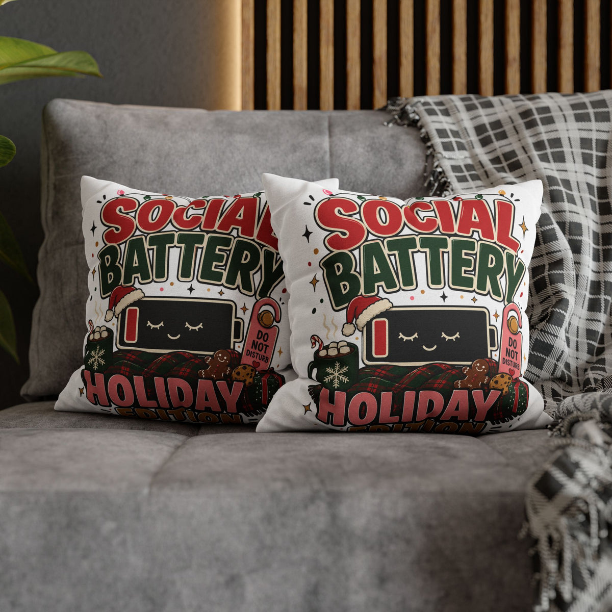 Social Battery Holiday Pillowcase  Modern Day Christmas — Cute Rechargeable Battery Christmas Throw Pillow Cover