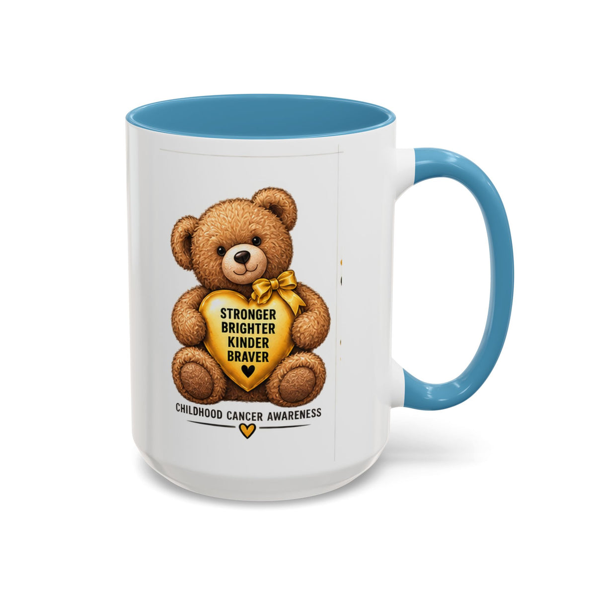 Childhood Cancer Awareness Coffee Mug — 'Stronger Brighter Kinder Braver' Teddy