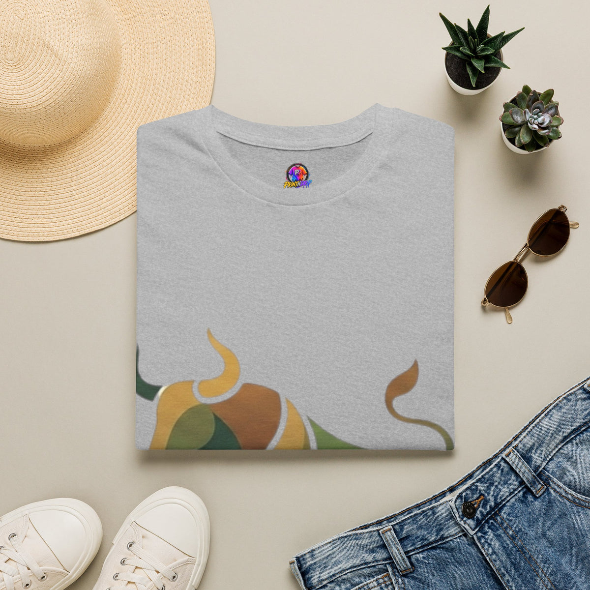 Bull Graphic T-Shirt — Earth Tone Geometric Taurus Design