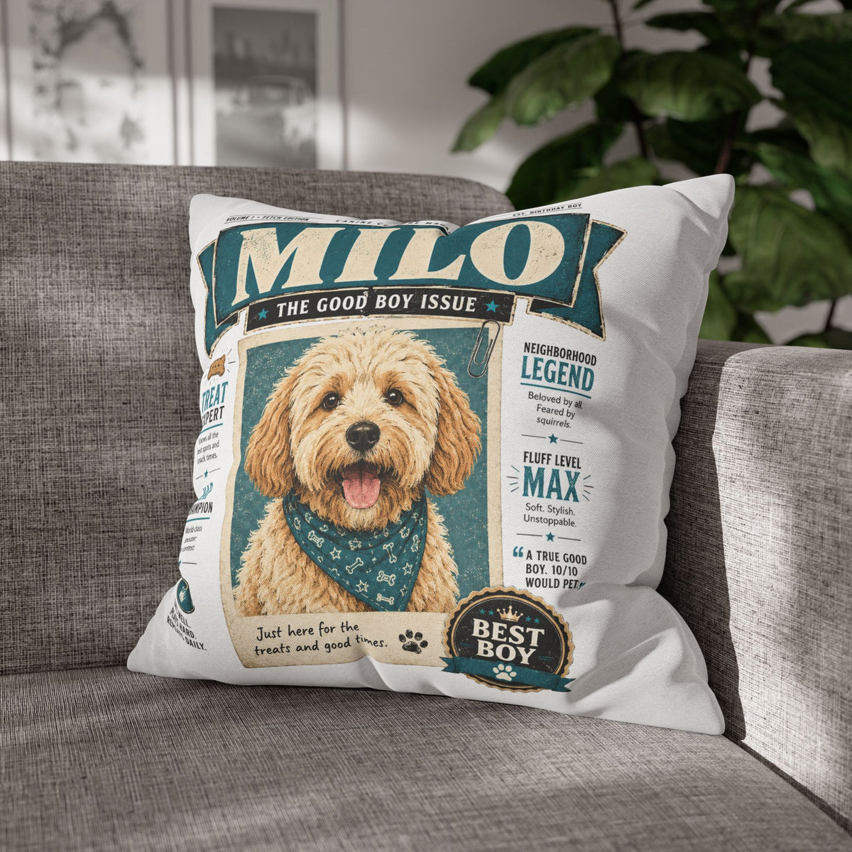 Personalized Dog Pillowcase — "Milo: The Good Boy Issue" Decorative Throw Pillowcase Milo Bailey Dog Dad Mom
