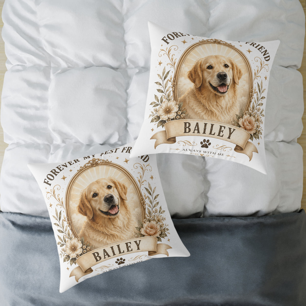 Pet Memorial Pillow Milo Bailey Dog Dad Mom— Personalized "Bailey" Golden Retriever Tribute Square Pillow