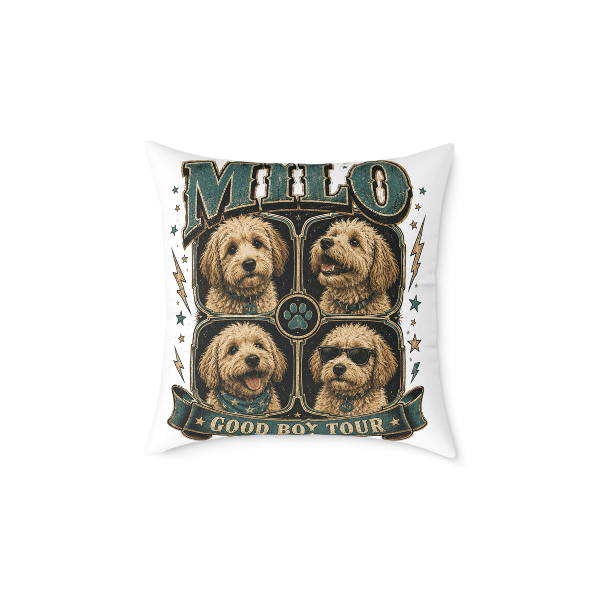 Milo 'Good Boy Tour' Square Canvas Pillow — Dog Portrait Decorative Throw Pillow
