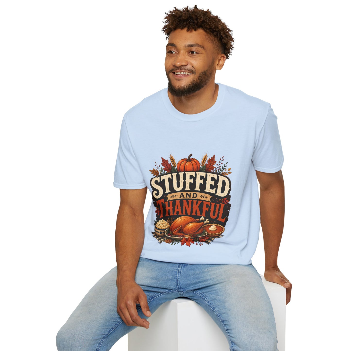 Stuffed and Thankful T-Shirt — Thanksgiving Pumpkin Fall Graphic Tee