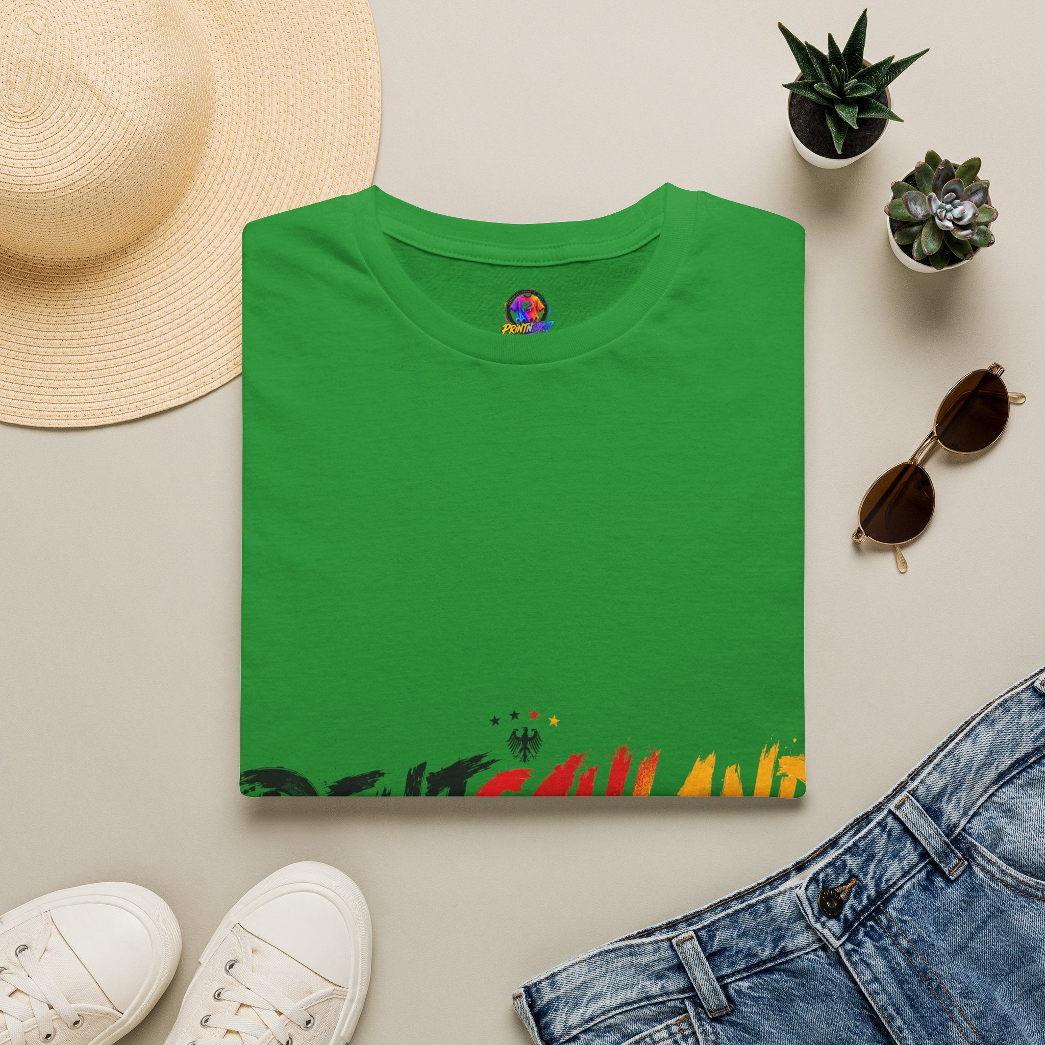 Germany Deutschland Football T-Shirt — Deutschland Script with German Flag Brushstroke