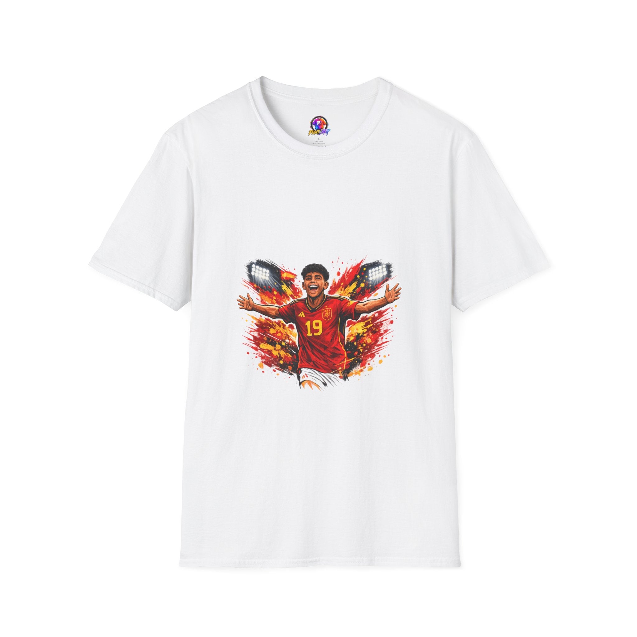 Spain Soccer Fan Portrait T‑Shirt – Fiery Goal Celebration Design