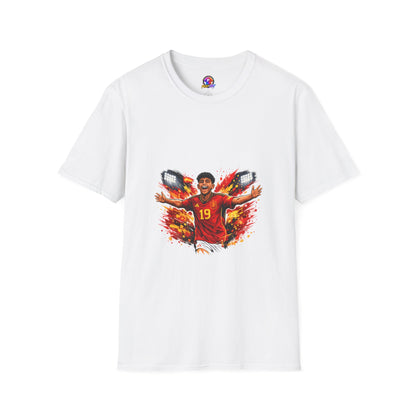 Spain Soccer Fan Portrait T‑Shirt – Fiery Goal Celebration Design