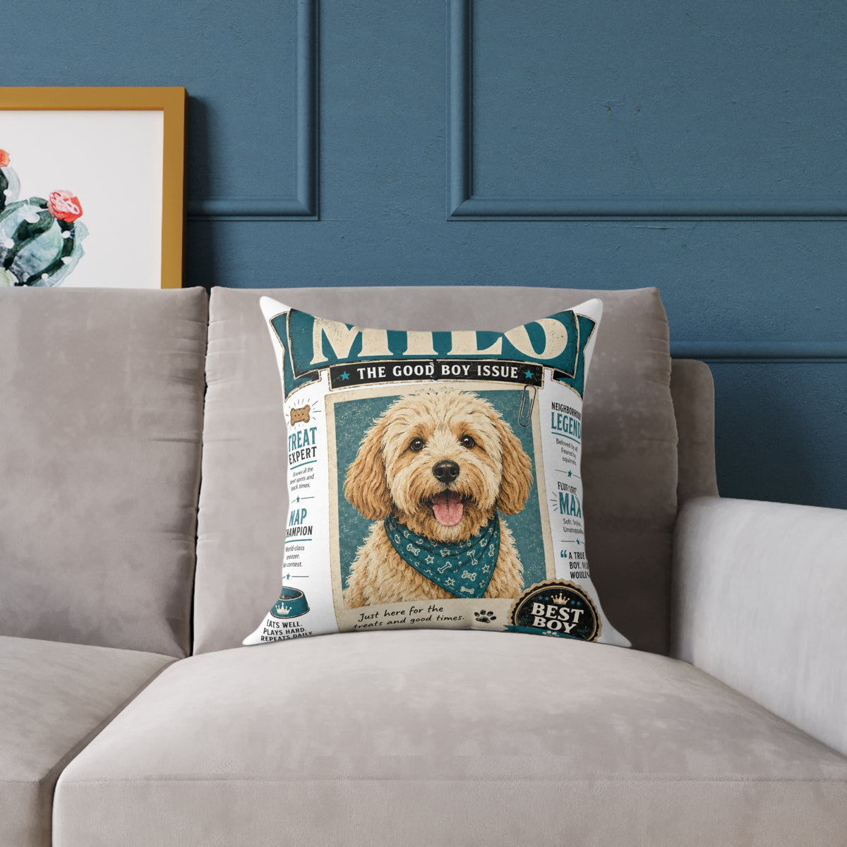 Personalized Dog Magazine Cover Pillow  Milo Bailey Dog Dad Mom — 'MILO' Square Poly Canvas Throw Pillow