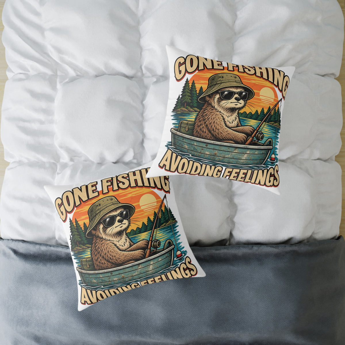 Gone Fishing Pillow —Funny  'Gone Fishing, Avoiding Feelings' Sloth Fishing Decorative Throw Pillow